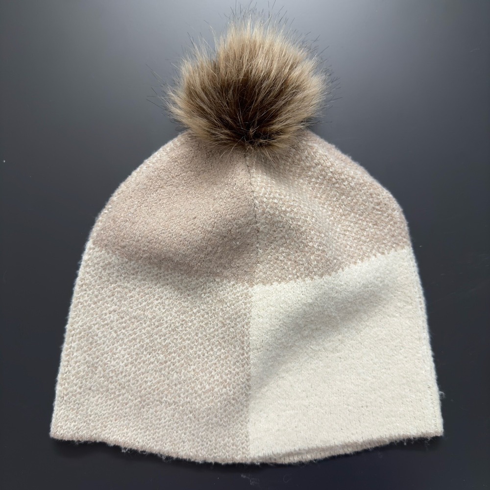 Christian Siriano Cozy Beanie Winter Ski Hat Beige Faux Fur Pom Pom OS Soft